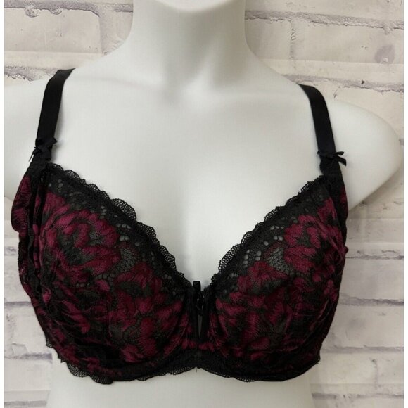 Cacique Bra Unlined Balconette Size 42DD Pink Black Lace Bow Underwire Sexy - Picture 1 of 8